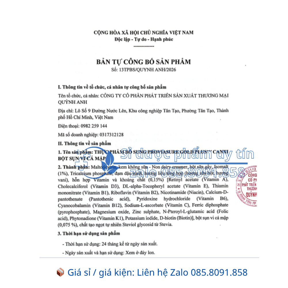 Sữa Proviasure Gold Plus+++ Canxi Bột Sụn Vi Cá Mập giúp chắc khoẻ xương, ngừa loãng xương hộp 800g