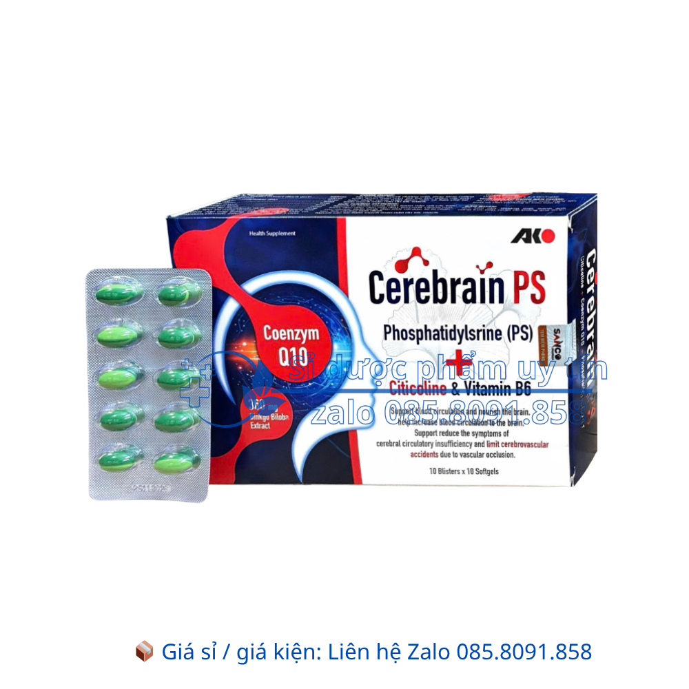 Viên uống bổ não Cerebrain PS giúp hoạt huyết dưỡng não, giúp tăng cường tuần hoàn máu não hộp 100 viên