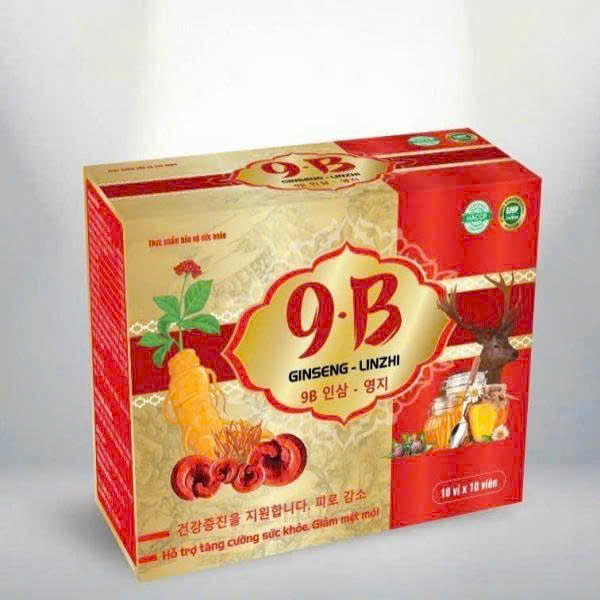 (Mua Sỉ Liên Hệ Zalo) Viên uống Vitamin 9-B Ginseng - Linzhi giúp tăng cường sức khỏe, tăng cường sức đề kháng, giảm mệt mỏi hộp 100 viên Vàng đỏ