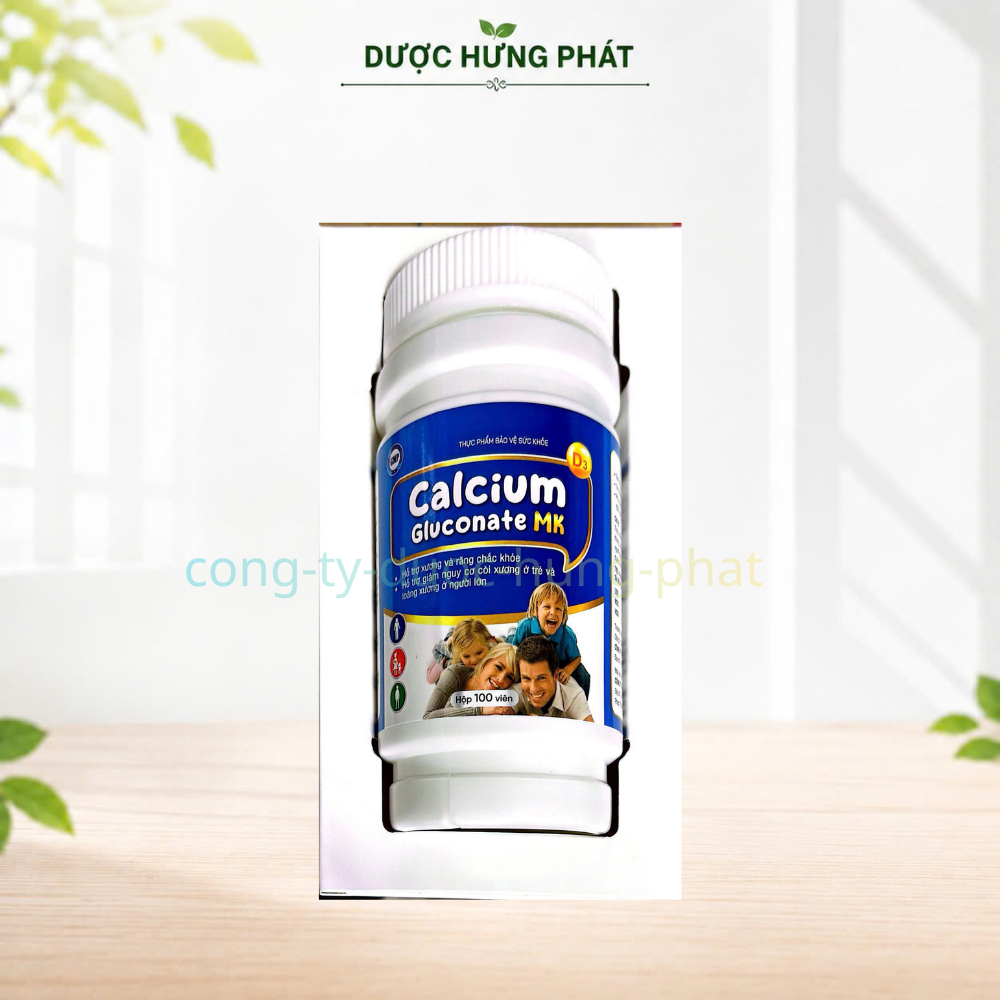Viên uống Calcium Gluconate MK  giúp bổ sung canxi cho cơ thể, hỗ trợ xương và răng chắc khỏe hộp 100 viên