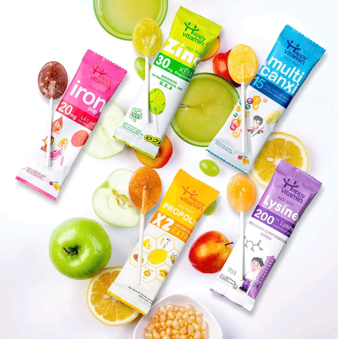 (Mua Sỉ Liên Hệ Zalo) Kẹo Mút Canxi & D3 Happy Vitamin Hương Xoài giúp bổ D3 và Canxi, tăng cường miễn dịch, phát trển chiều cao Dây 10 chiếc x 30g
