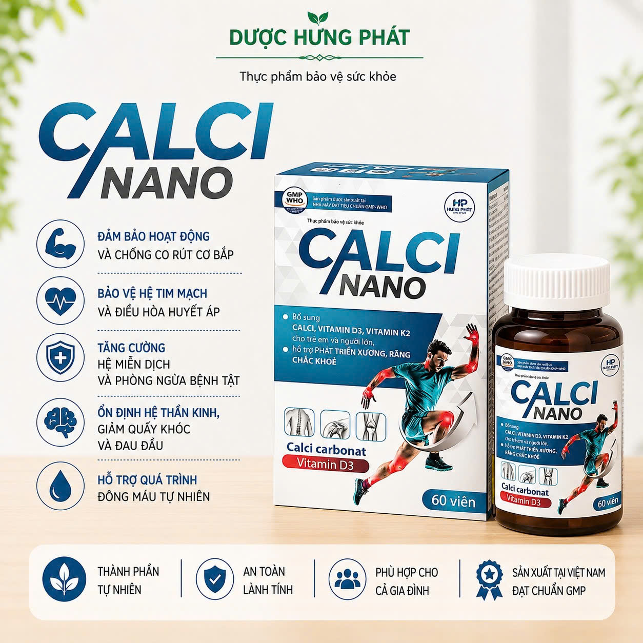 Viên uống Calci Nano giúp bổ sung calci, vitamin D3, vitamin K2, hỗ trợ phát triển xương, răng chắc khỏe hộp 60 viên