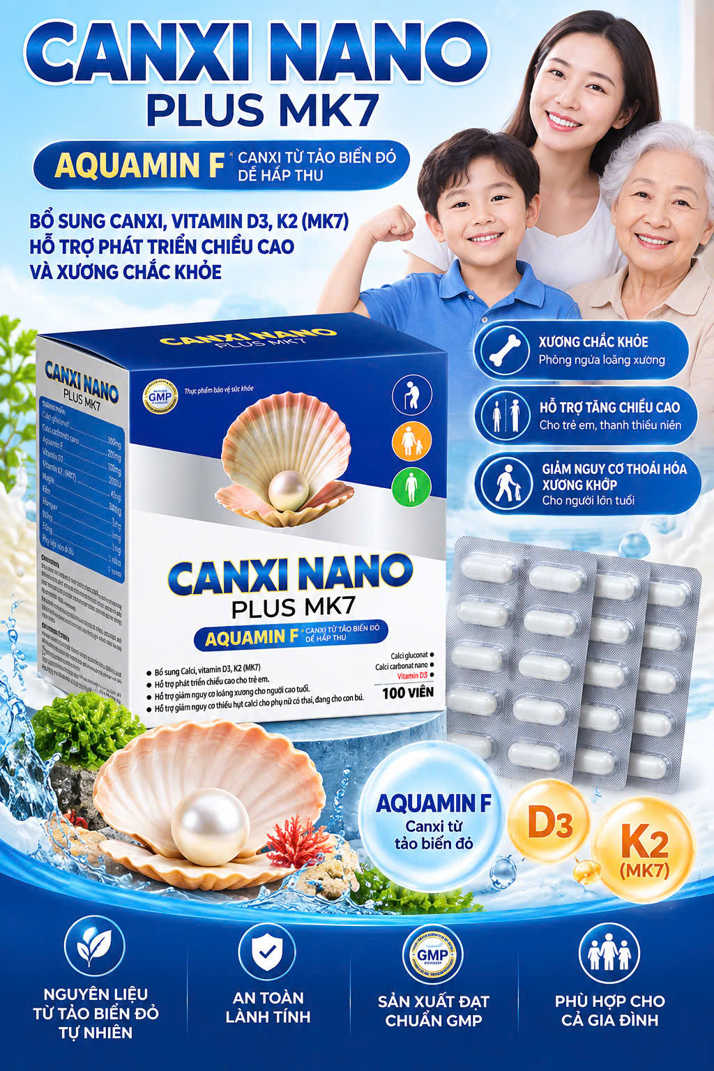 (Mua Sỉ Liên Hệ Zalo) Viên uống Canxi Nano Plus  Mk7 Aquamin F giúp bổ sung canxi và vitamin D3, phát triển chiều cao hộp 100 viên