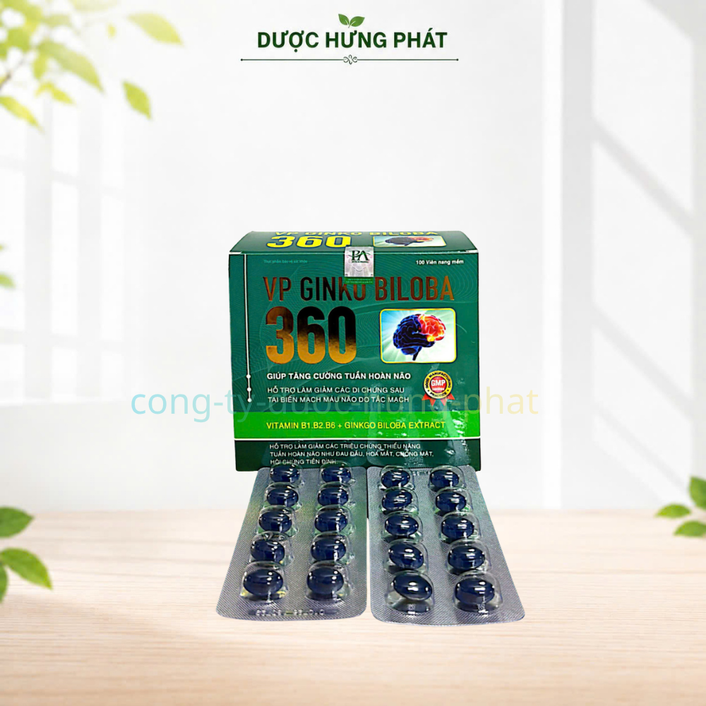 Viên uống bổ não VP Ginko Biloba 360 Hộp Xanh giúp tăng cường tuần hoàn não, giảm các triệu chứng thiểu năng tuần hoàn não hộp 100 viên