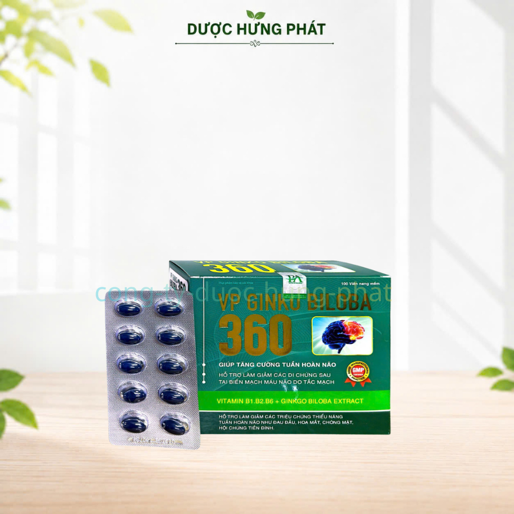 Viên uống bổ não VP Ginko Biloba 360 Hộp Xanh giúp tăng cường tuần hoàn não, giảm các triệu chứng thiểu năng tuần hoàn não hộp 100 viên