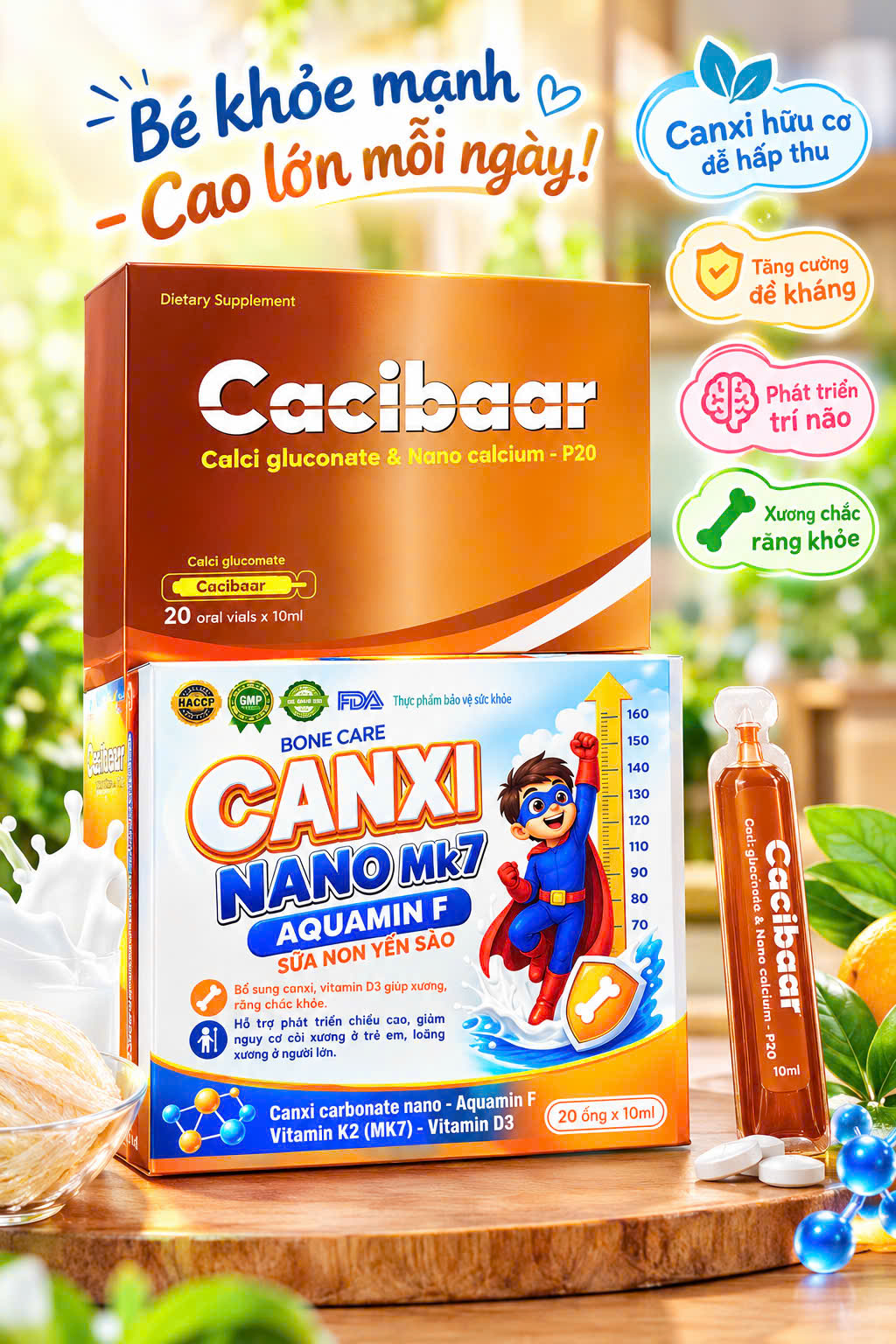 (Mua Sỉ Liên Hệ Zalo) Siro Bone care Canxi Nano MK7 Aquamin F Sữa Non Yến Sào Siêu Nhân giúp bổ sung canxi, chắc khoẻ xương hộp 20 ống