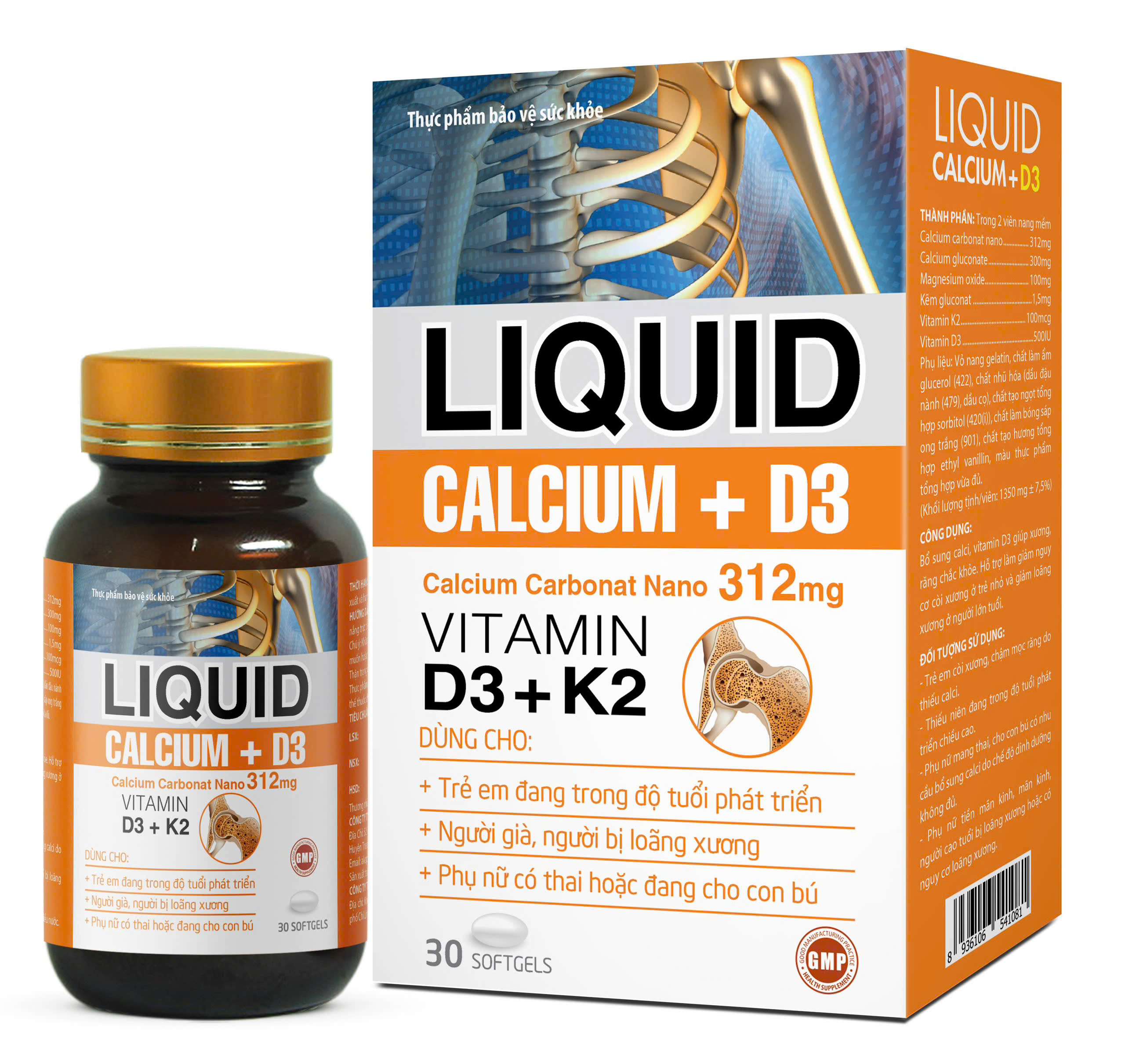 (Mua Sỉ Liên Hệ Zalo) Viên uống Liquid Calcium+D3 giúp bổ sung calci, vitamin D3 giúp xương, răng chắc khỏe hộp 30 viên