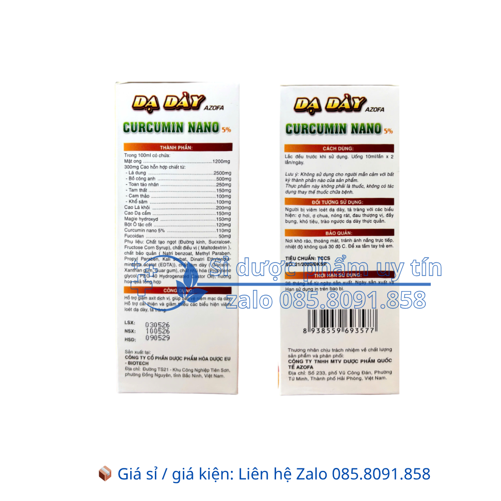 Gel Dạ Dày Azofa Curcumin Nano 5% giúp giảm thiểu các biểu hiện viêm loét dạ dày, tá tràng hộp 20 gói