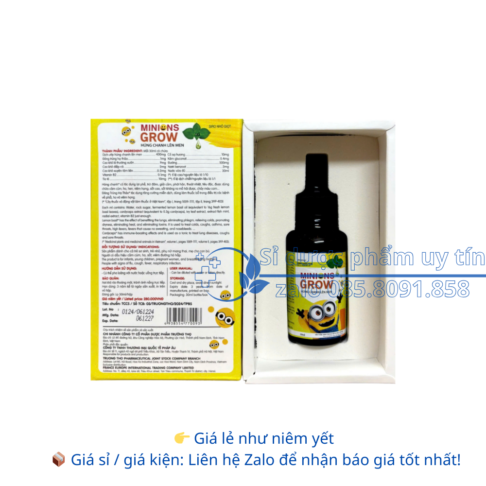 Siro Minions Grow Húng Chanh Lên Men giúp tăng đề kháng, giảm cảm cúm, ho, sốt hộp 30 ml