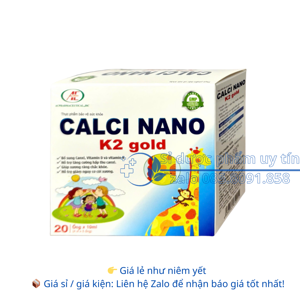Siro Calci Nano K2 Gold giúp xương răng chắc khỏe giúp giảm nguy cơ còi xương, loãng xương hộp 20 ống