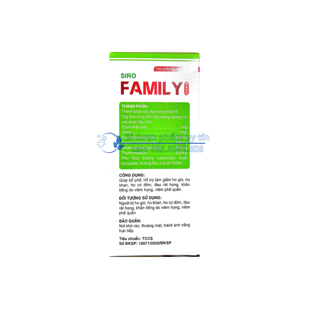 Siro Family Saco giúp bổ phế, hỗ trợ làm giảm ho gió, ho khan, ho có đờm, đau rát họng, khản tiếng do viêm họng, viêm phế quản hộp 100 ml