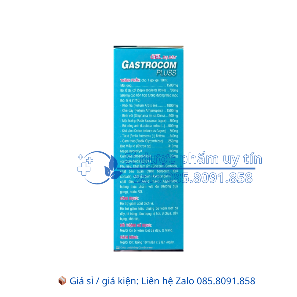 Gel Dạ Dày Gastrocom Pluss giúp giảm triệu chứng do viêm loét dạ dày, tá tràng: đau bụng, ợ hơi, ợ chua, đầy bụng, khó tiêu hộp 15 gói