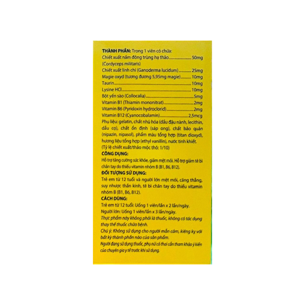 Viên uống  Vitamin 3B Linh Chi - Đông Trùng vàng giúp tăng cường sức khỏe, giảm mệt mỏi hộp 100 viên