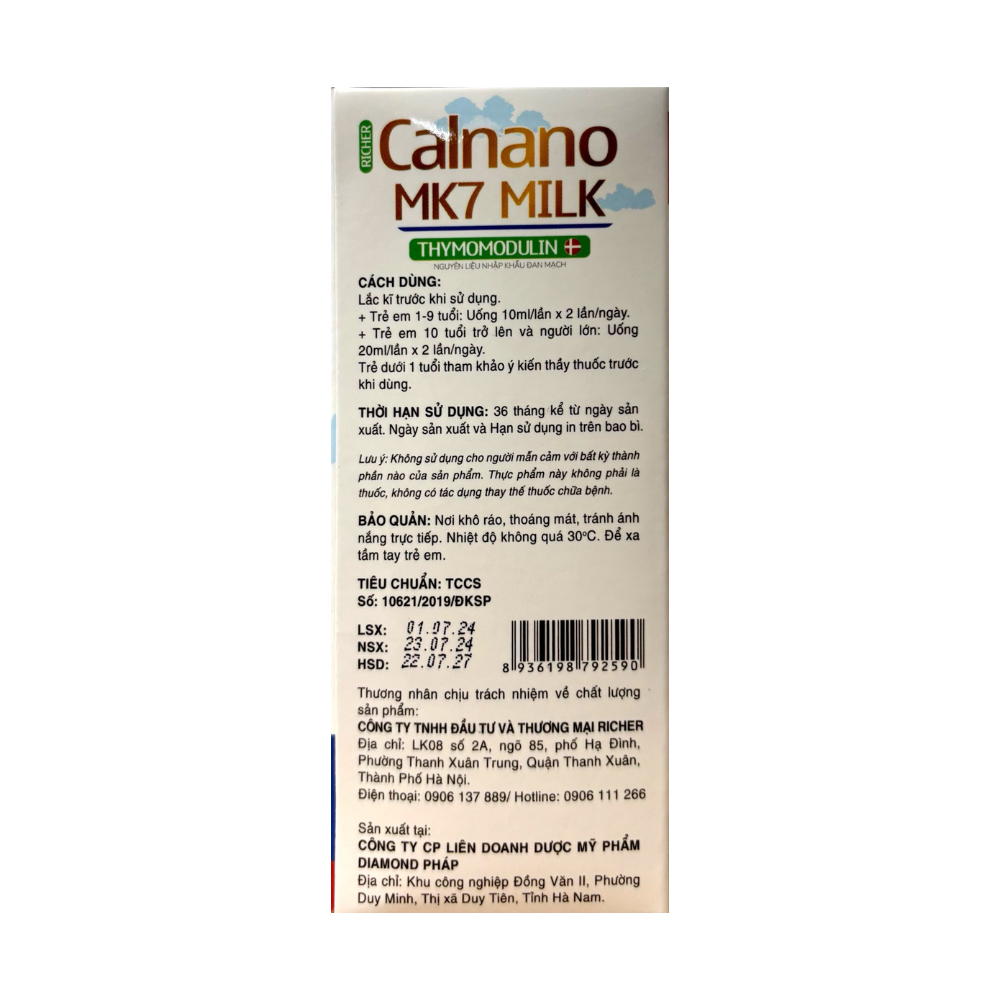 Siro Calnano Mk7 Milk Thymomodulin giúp bổ sung Canxi phát triển chiều cao hộp 20 ống