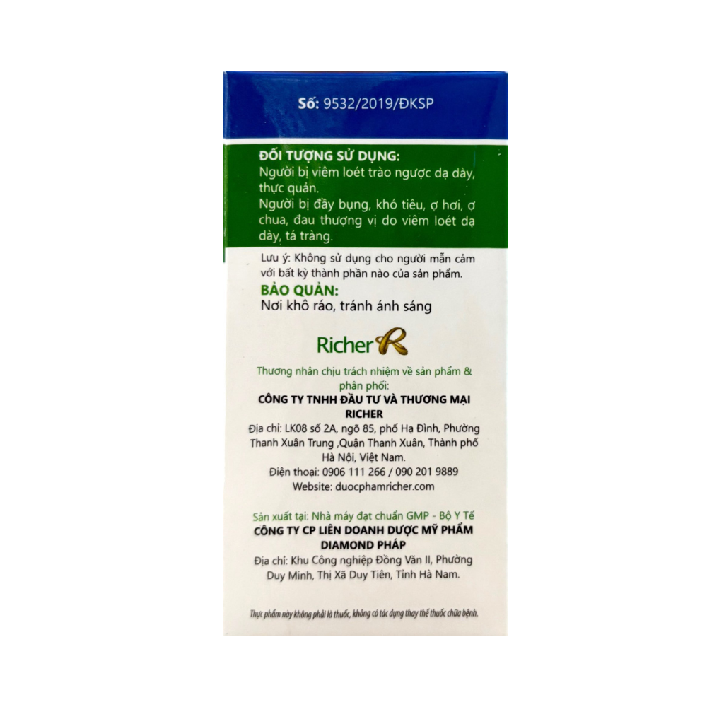 Dạ Dày Richer giúp giảm acid dịch vị, giúp bảo vệ dạ dày, giảm viêm loét dạ dày, tá tràng hộp 10 gói