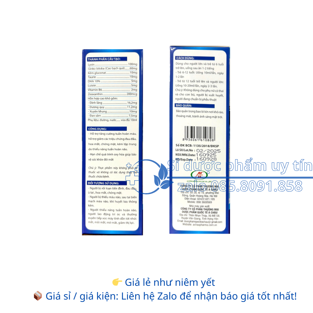 Siro Bổ Não Sáng Mắt AC giúp tăng cường tuần hoàn máu, giúp bảo vệ sức khỏe đôi mắt hộp 20 ống