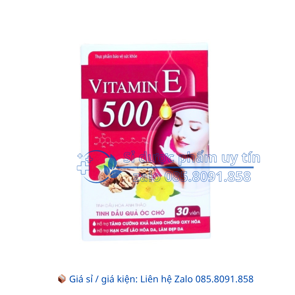 Viên uống Vitamin E 500 giúp hạn chế lão hóa da và làm đẹp da hộp 30 viên