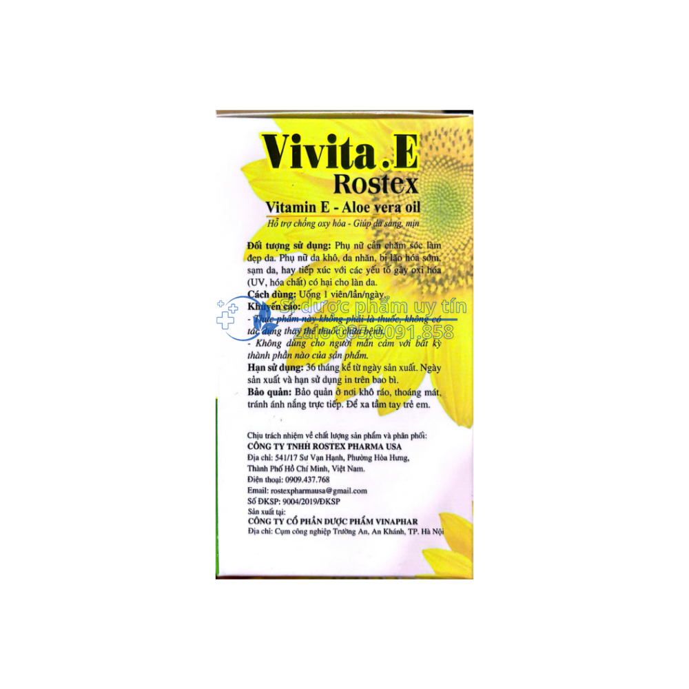 Viên uống Vivita.E Rostex giúp bổ sung vitamin E, hỗ trợ chống oxy hóa, giúp bảo vệ và hạn chế lão hóa da, giúp da sáng, mịn hộp 100 viên