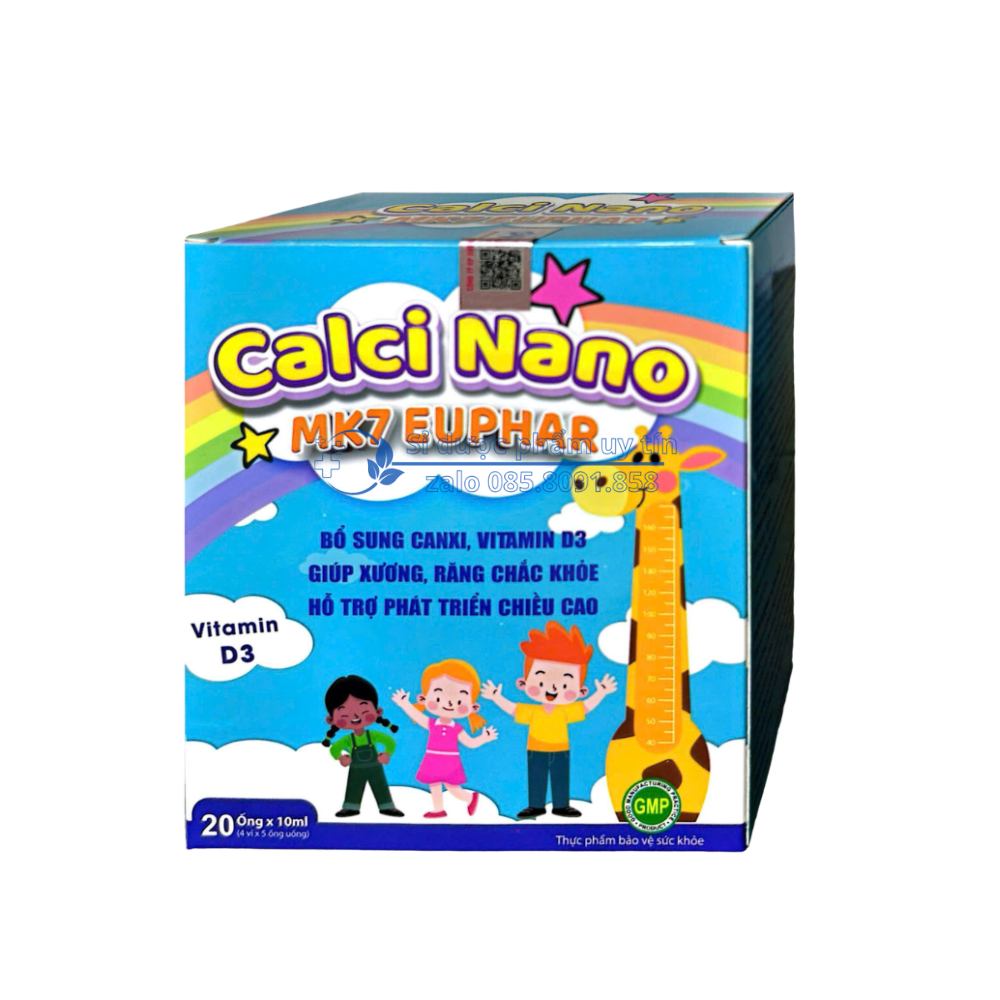 Siro Calci Nano MK7 Euphar giúp bổ sung canxi, vitamin D3 giúp xương, răng chắc khỏe, hỗ trợ phát triển chiều cao hộp 20 ống
