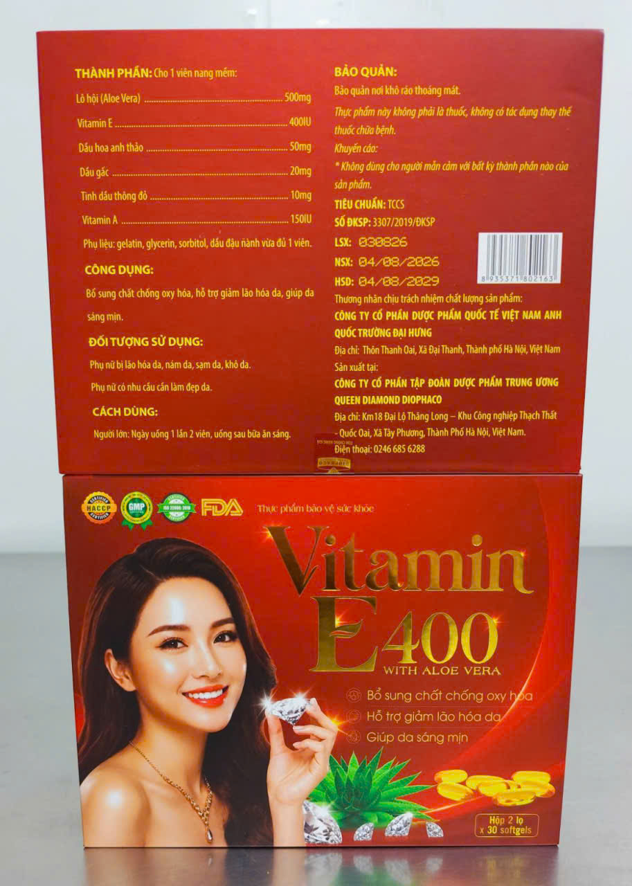 (Mua Sỉ Liên Hệ Zalo) Viên uống Vitanin E 400 With Aloe Vera giúp bổ sung vitamin E, hỗ trợ chống oxy hóa, giúp bảo vệ và hạn chế lão hóa da, giúp da sáng, mịn hộp 2 lọ x 30 viên