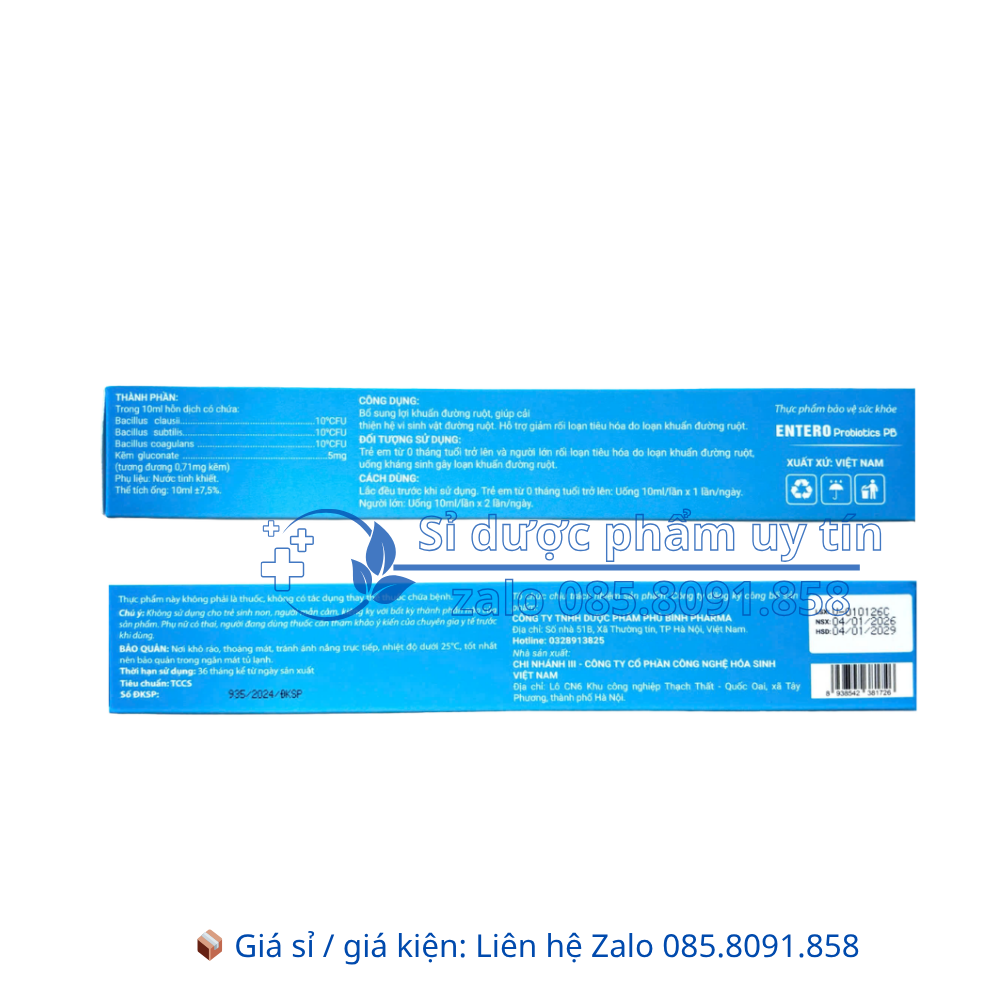 Men Entero Probiotics PB giúp bổ sung lợi khuẩn đường ruột giảm rối loạn tiêu hóa hộp 20 ống