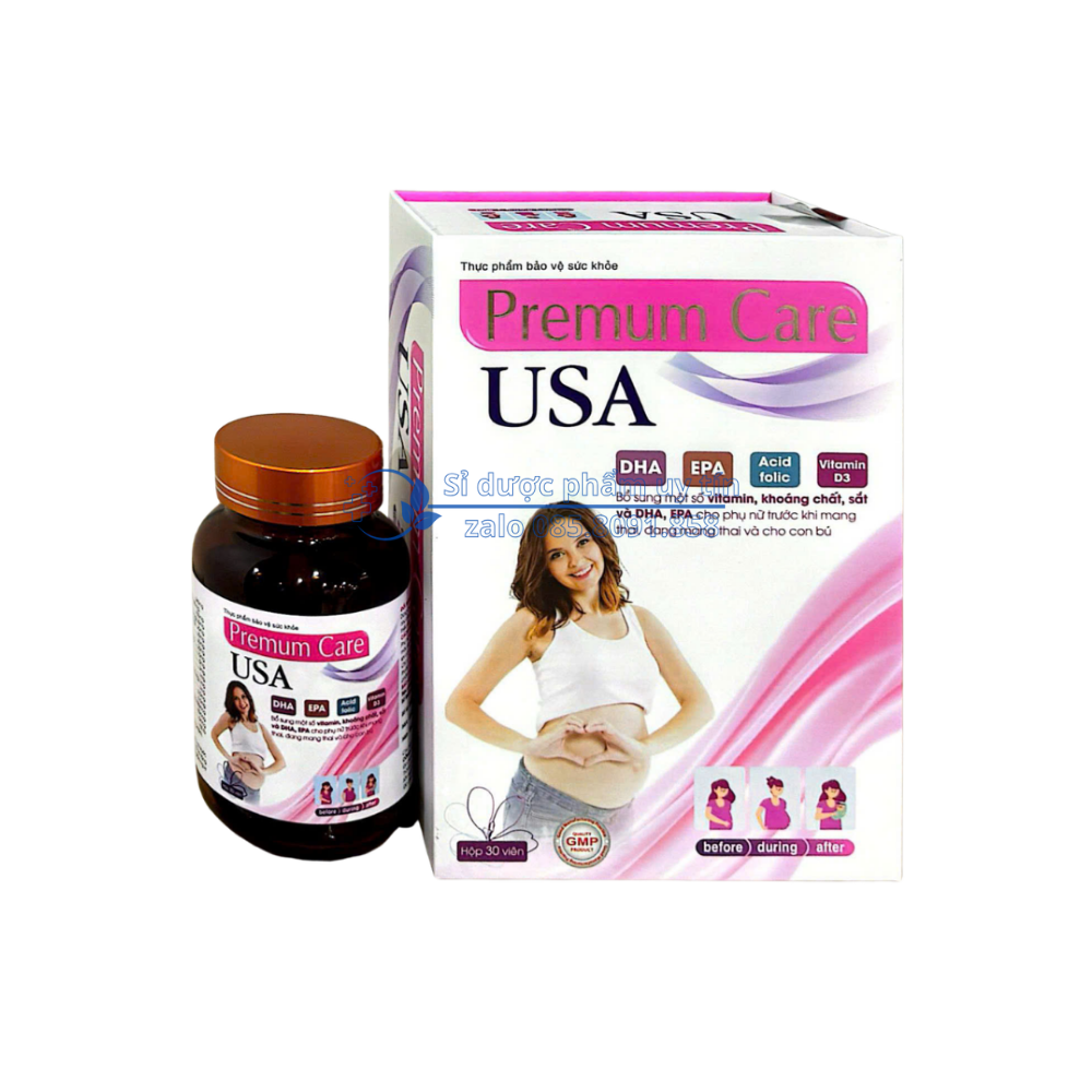 Viên uống vitamin bầu Premum Care USA giúp bổ sung một số vitamin, khoáng chất, sắt và DHA, EPA cho phụ nữ trước khi mang thai, mang thai và cho con bú hộp 30 viên