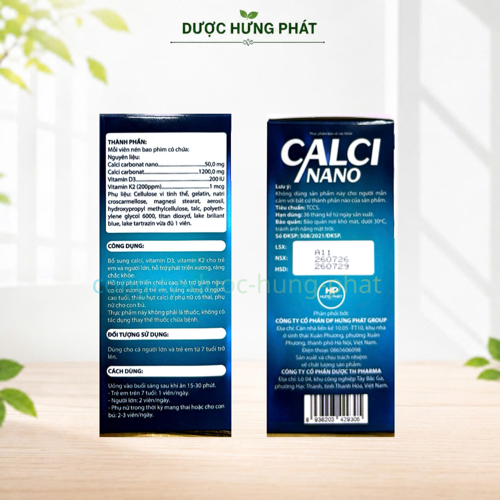 Viên uống Calci Nano giúp bổ sung calci, vitamin D3, vitamin K2, hỗ trợ phát triển xương, răng chắc khỏe hộp 60 viên