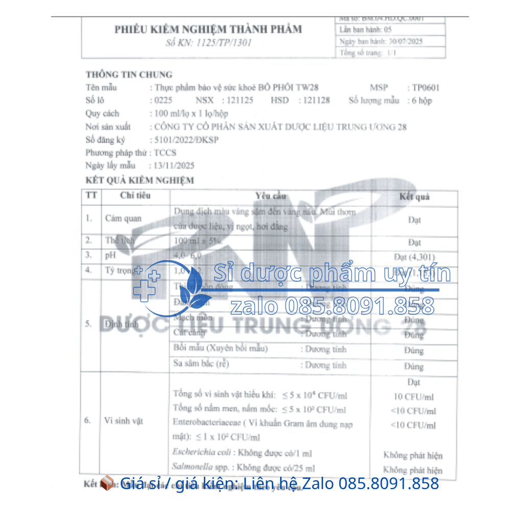 Siro Bổ Phổi TW28 giảm ho, long đờm, giảm đau họng, khản tiếng, viêm họng, viêm phế quản hộp 100 ml
