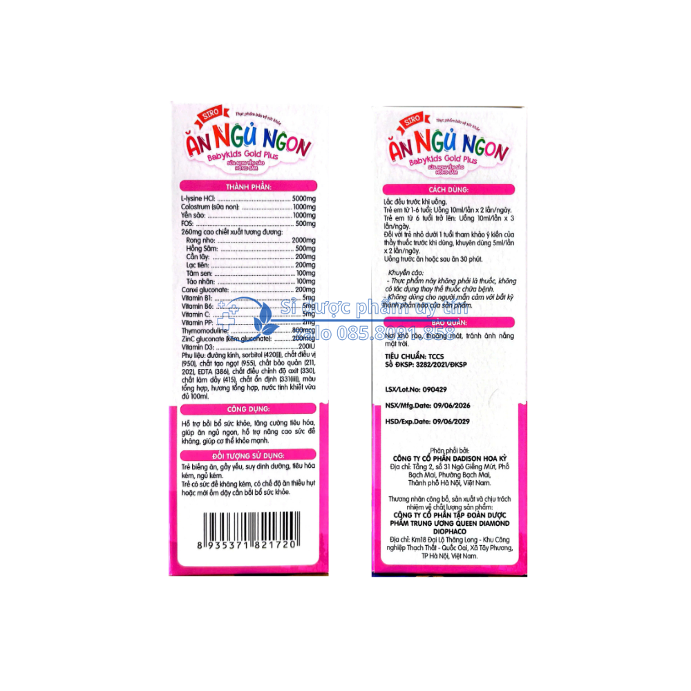 Siro Ăn Ngủ Ngon Babykids Gold Plus Sữa Non Yến Sào Hồng Sâm giúp bồi bổ sức khỏe, tăng cường tiêu hóa, giúp ăn ngủ ngon, nâng cao sức đề kháng hộp 20 ống