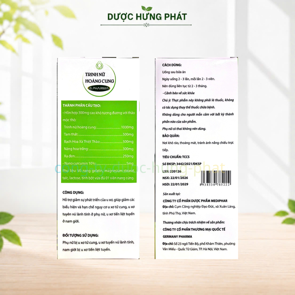 Viên uống Trinh Nữ Hoàng Cung G.Pharma giúp hỗ trợ giảm sự phát triển của u xơ hộp 60 viên