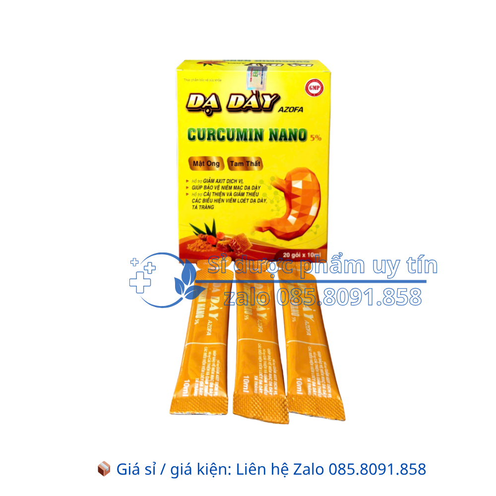 Gel Dạ Dày Azofa Curcumin Nano 5% giúp giảm thiểu các biểu hiện viêm loét dạ dày, tá tràng hộp 20 gói