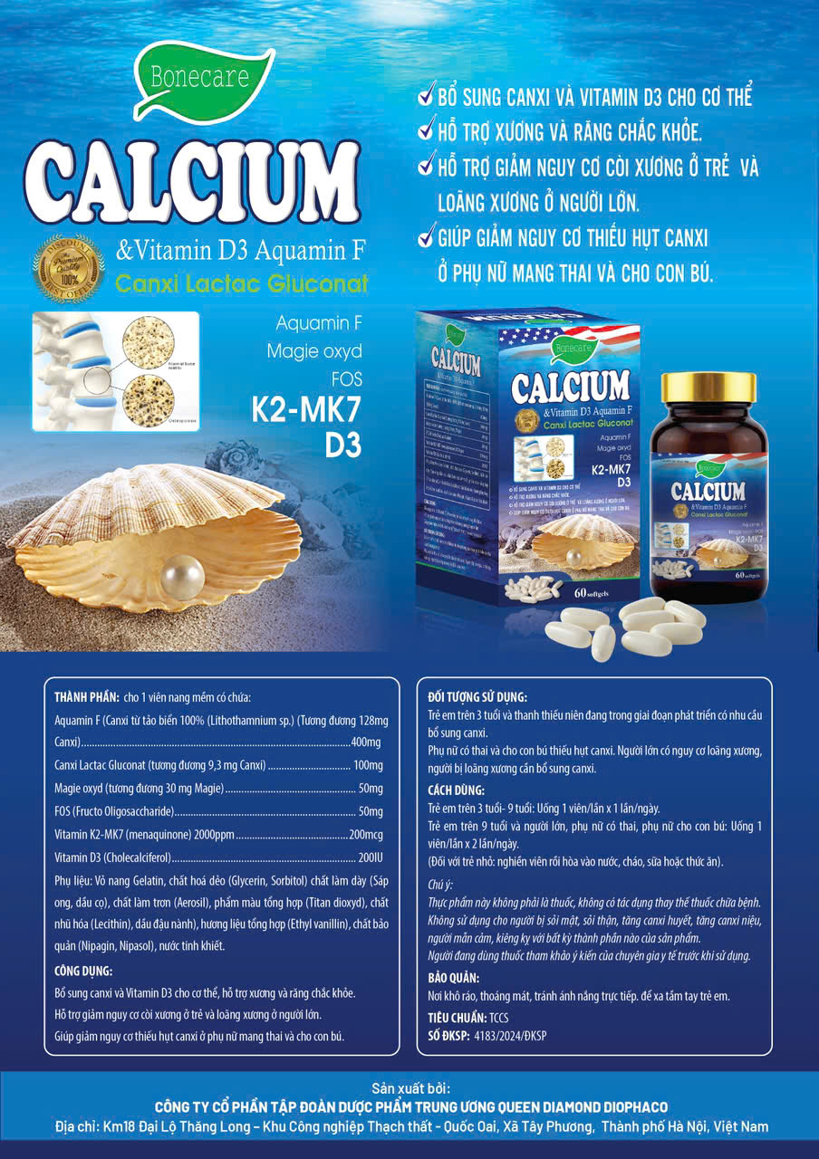 (Mua Sỉ Liên Hệ Zalo) Viên uống bổ cung canxi Bonecare Calcium & Vitamin D3 Aquamin f giúp hỗ trợ xương và răng chắc khỏe hộp 60 viên Hộp xanh biển