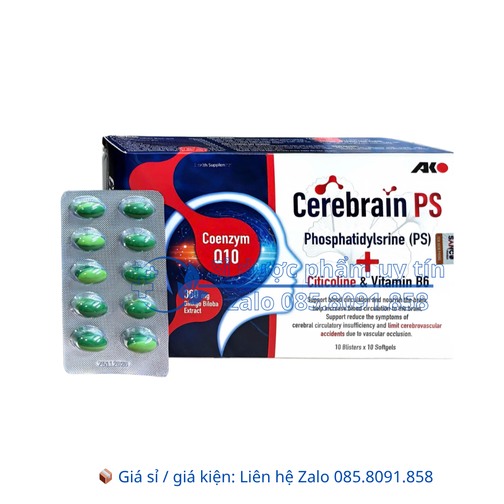 Viên uống bổ não Cerebrain PS giúp hoạt huyết dưỡng não, giúp tăng cường tuần hoàn máu não hộp 100 viên