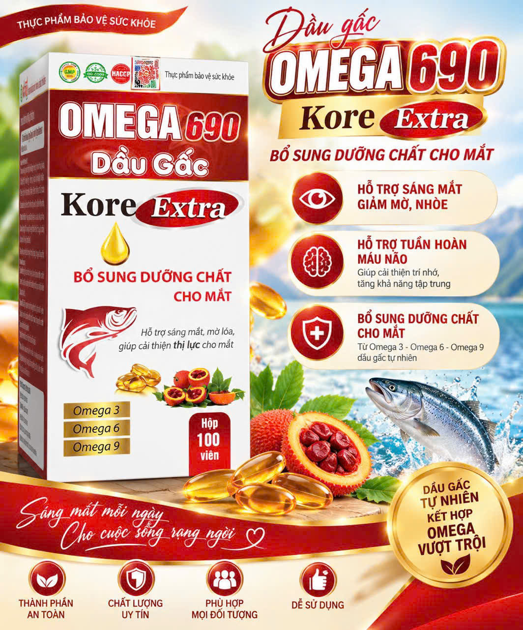 (Mua Sỉ Liên Hệ Zalo) Viên uống Omega 690 Dầu Gấc Kore Extra giúp tăng cường thị lực, tốt cho tim mạch, cải thiện trí nhớ hộp 100 viên