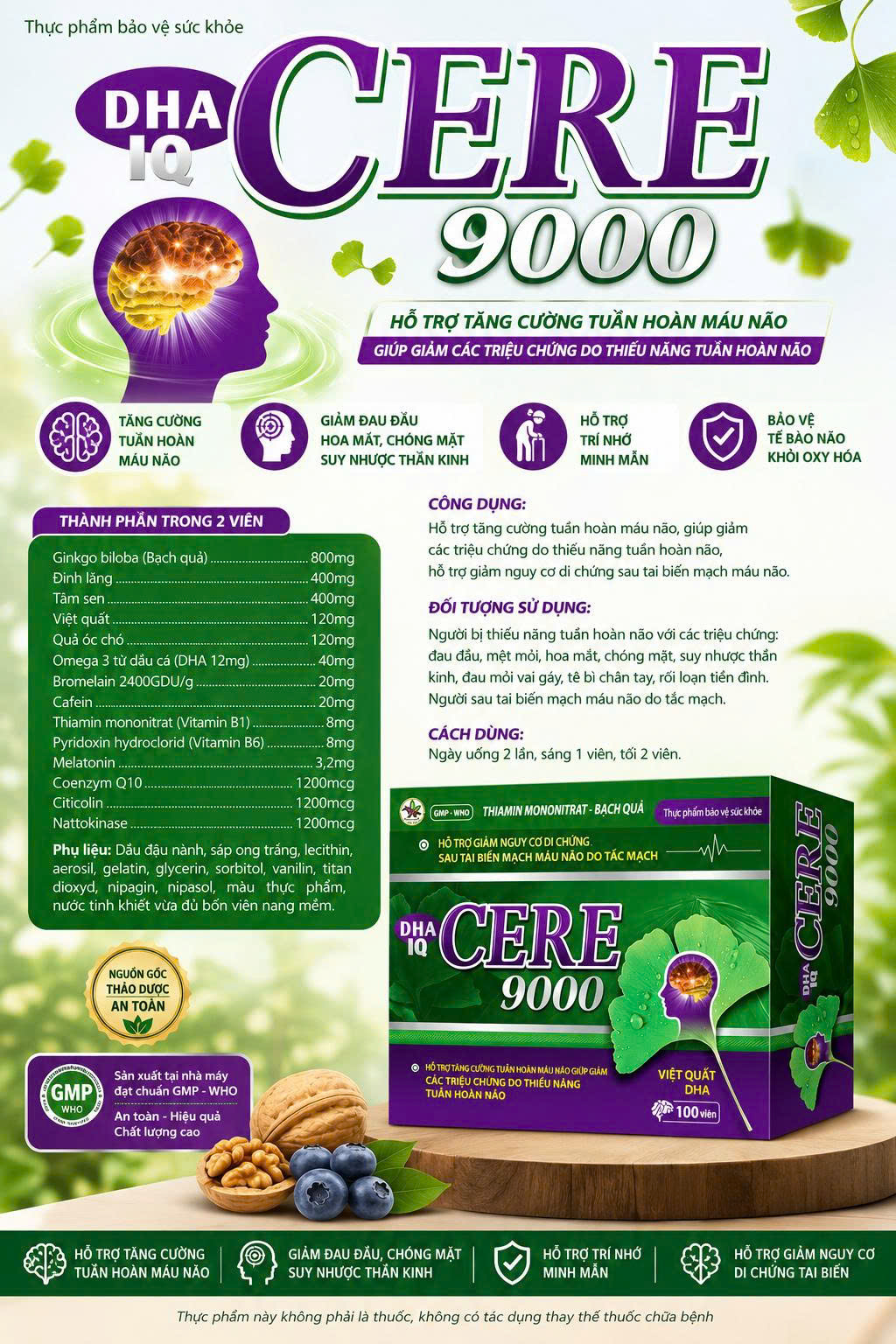 (Mua Sỉ Liên Hệ Zalo) Viên uống DHA IQ Cere 9000 giúp hoạt huyết, tăng tuần hoàn máu hộp 100 viên