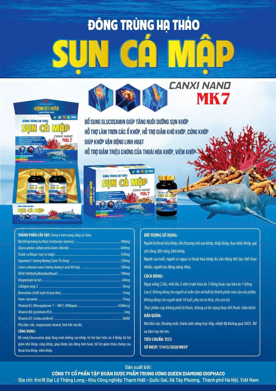 (Mua Sỉ Liên Hệ Zalo) Đông Trùng Hạ Thảo Sụn Cá Mập Canxi Nano Mk7 giúp làm trơn ổ khớp, giúp khớp vận động linh hoạt hộp 60 viên