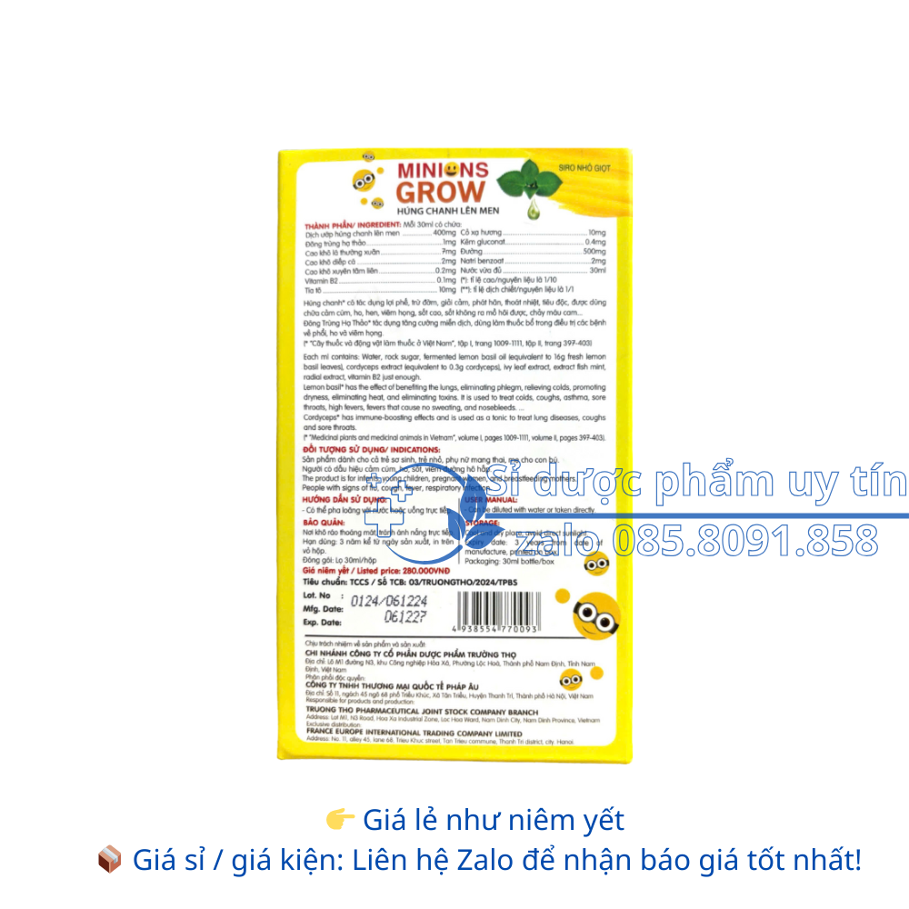 Siro Minions Grow Húng Chanh Lên Men giúp tăng đề kháng, giảm cảm cúm, ho, sốt hộp 30 ml