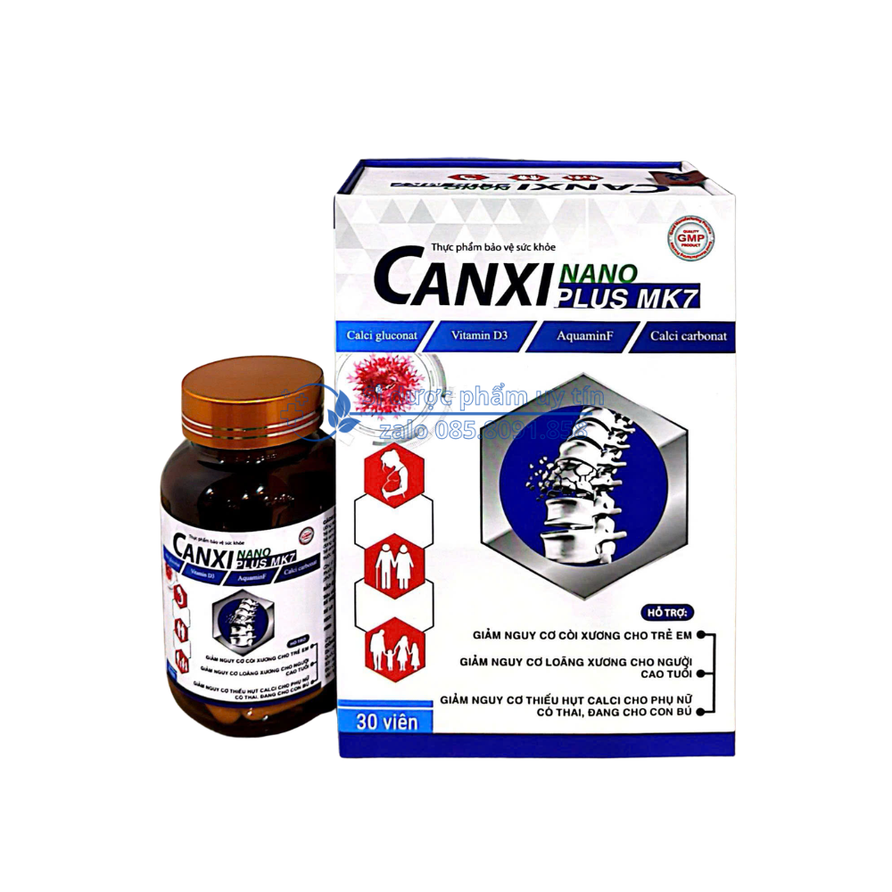 Viên uống Canxi Nano Plus MK7 giúp bổ sung Calci, vitamin D3, K2 (MK7), phát triển chiều cao cho trẻ em, giảm nguy cơ còi xương hộp 30 viên