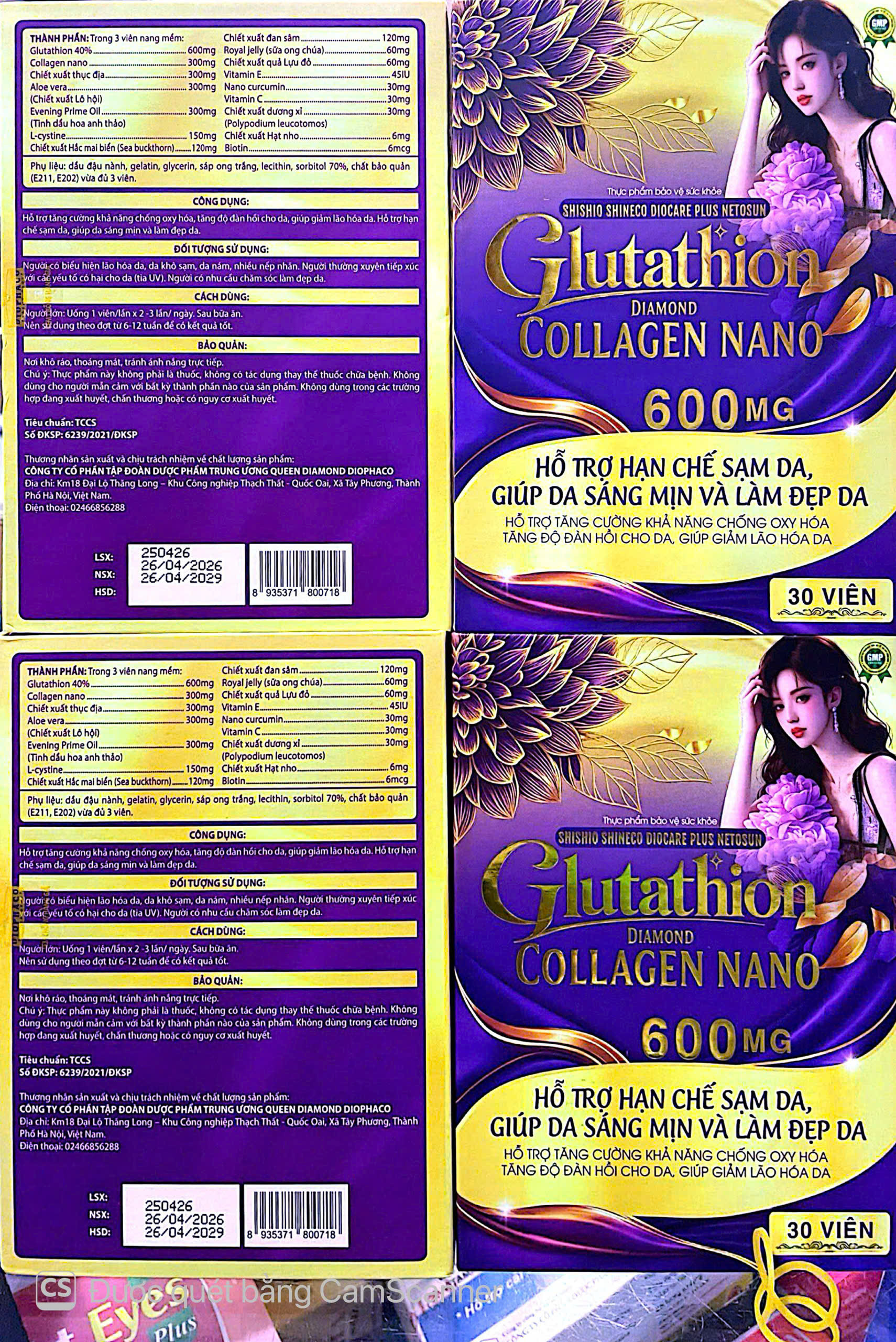 Viên uống Glutathion Diamond collagen nano giúp giảm lão hoá da hộp 30 viên
