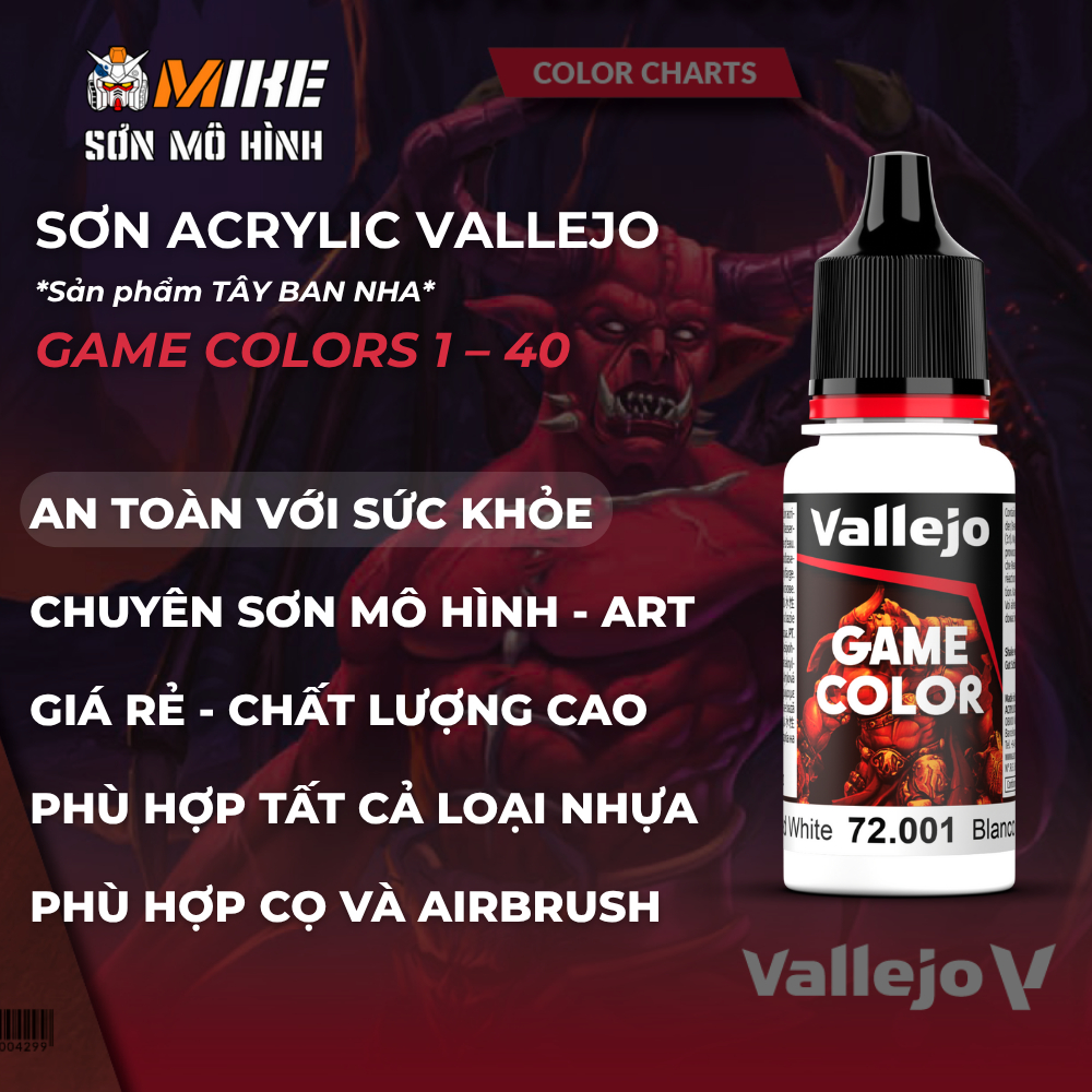 Sơn VALLEJO 1-40 gốc nước ACRYLIC GAME COLOR 18 ml thân thiện môi trường cọ, airbrush, mô hình gundam