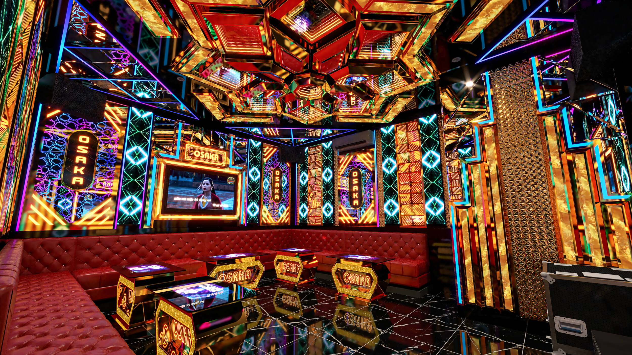 Karaoke Osaka – công trình nổi bật với hiệu ứng ánh sáng hiện đại và thiết kế sang trọng.