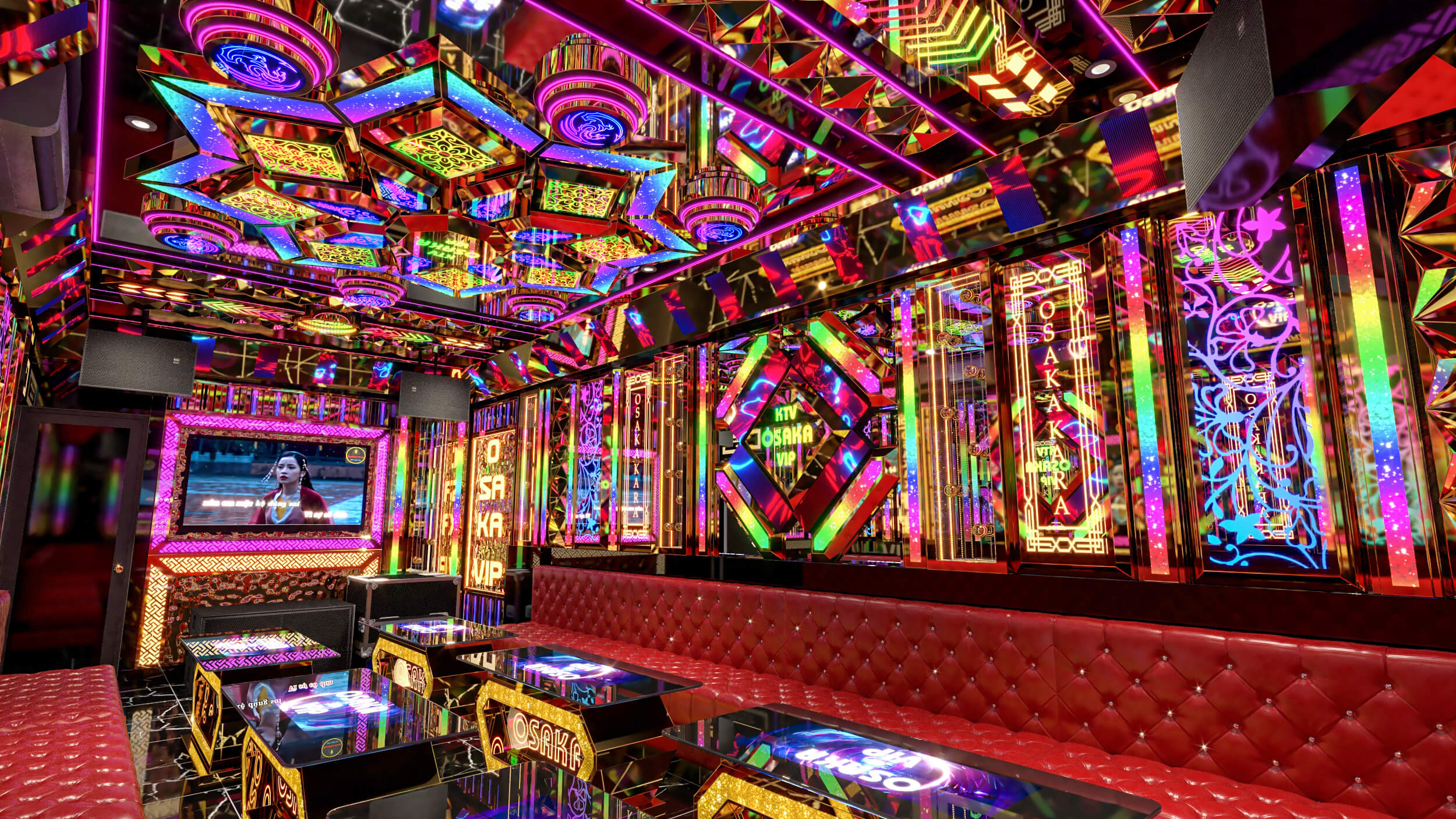 Karaoke Osaka – công trình nổi bật với hiệu ứng ánh sáng hiện đại và thiết kế sang trọng.