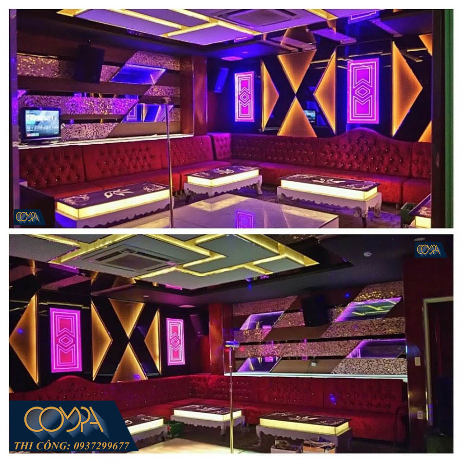 Hai góc của cùng một phòng Karaoke - Sự tinh tế được thể hiện trong từng chi tiết. Trần được cách điệu với các khối nổi alu tạo hiệu ứng ánh sáng
