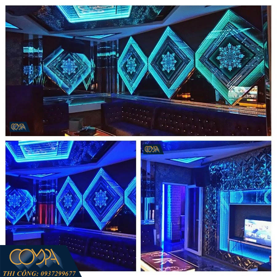 Hai góc của cùng một phòng Karaoke - Sự tinh tế được thể hiện trong từng chi tiết. Trần được cách điệu với các khối nổi alu tạo hiệu ứng ánh sáng