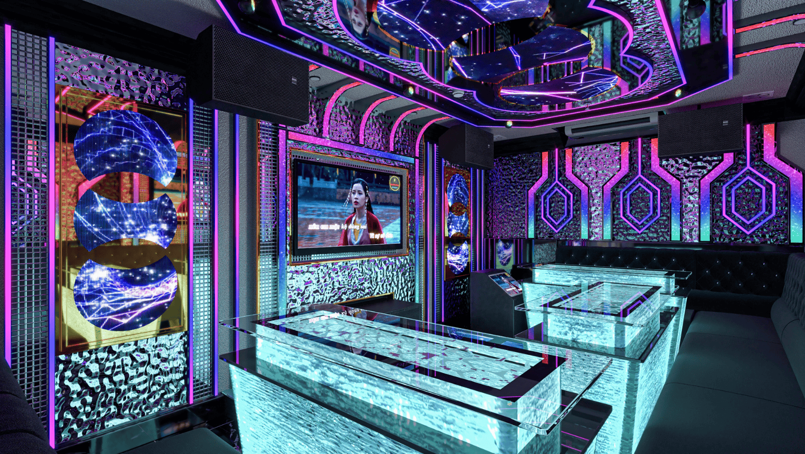 Công trình phòng karaoke đã thi công có sử dụng trần giật cấp