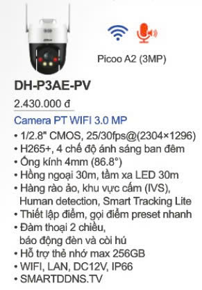 Camera PTZ Wifi 3MP Dahua DH-P3AE-PV- Đàm thoại 2 chiều, có màu, còi hú và đèn chớp báo động