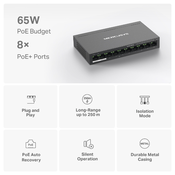 Switch 10 cổng 10/100Mbps với 8 cổng PoE+ MS110P