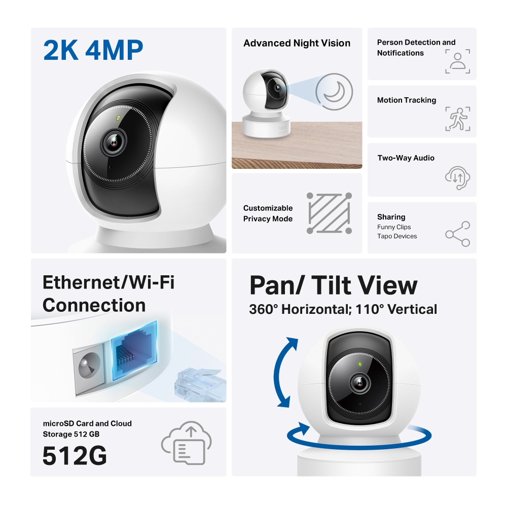 Camera giám sát Tapo C222, hiệu TP-LINK, có chức năng ghi hình, có khe gắn thẻ nhớ
