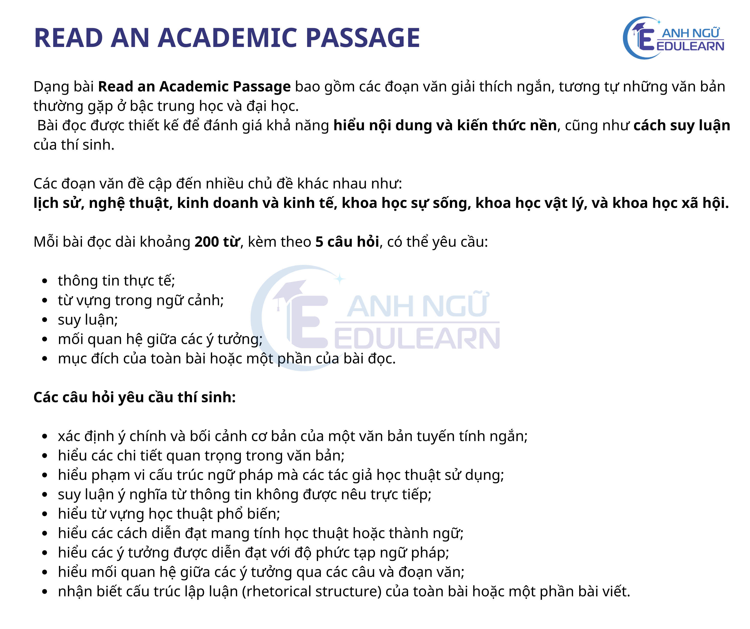 TOEFL iBT 2026: DẠNG BÀI READ AN ACADEMIC PASSAGE TRONG PHẦN READING