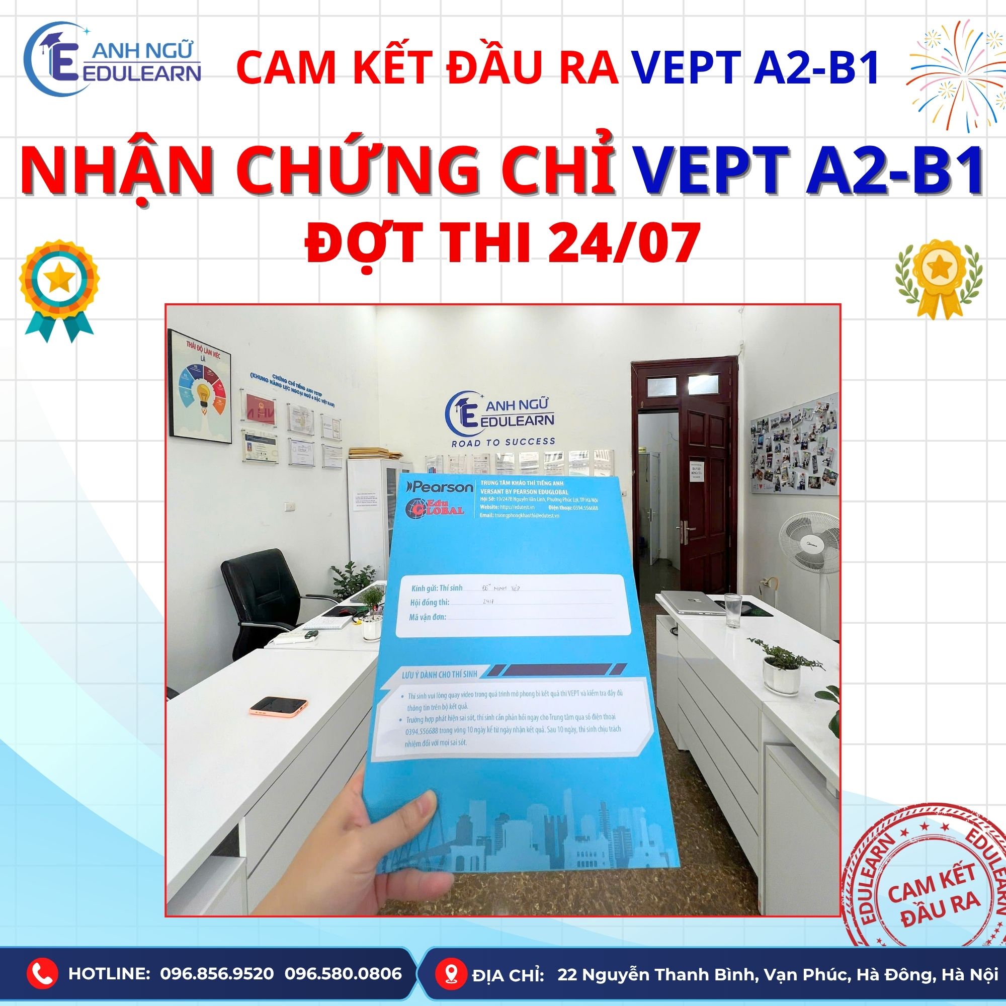 CHỨNG CHỈ VEPT A2-B1 BẢN CỨNG CỦA HỌC VIÊN EDULEARN ĐÃ VỀ ĐÚNG HẠN!!  (ĐỢT THI 24/07)